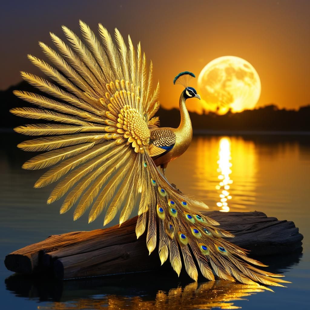 Luminous Golden Peacock with Glorious Tail Feathers