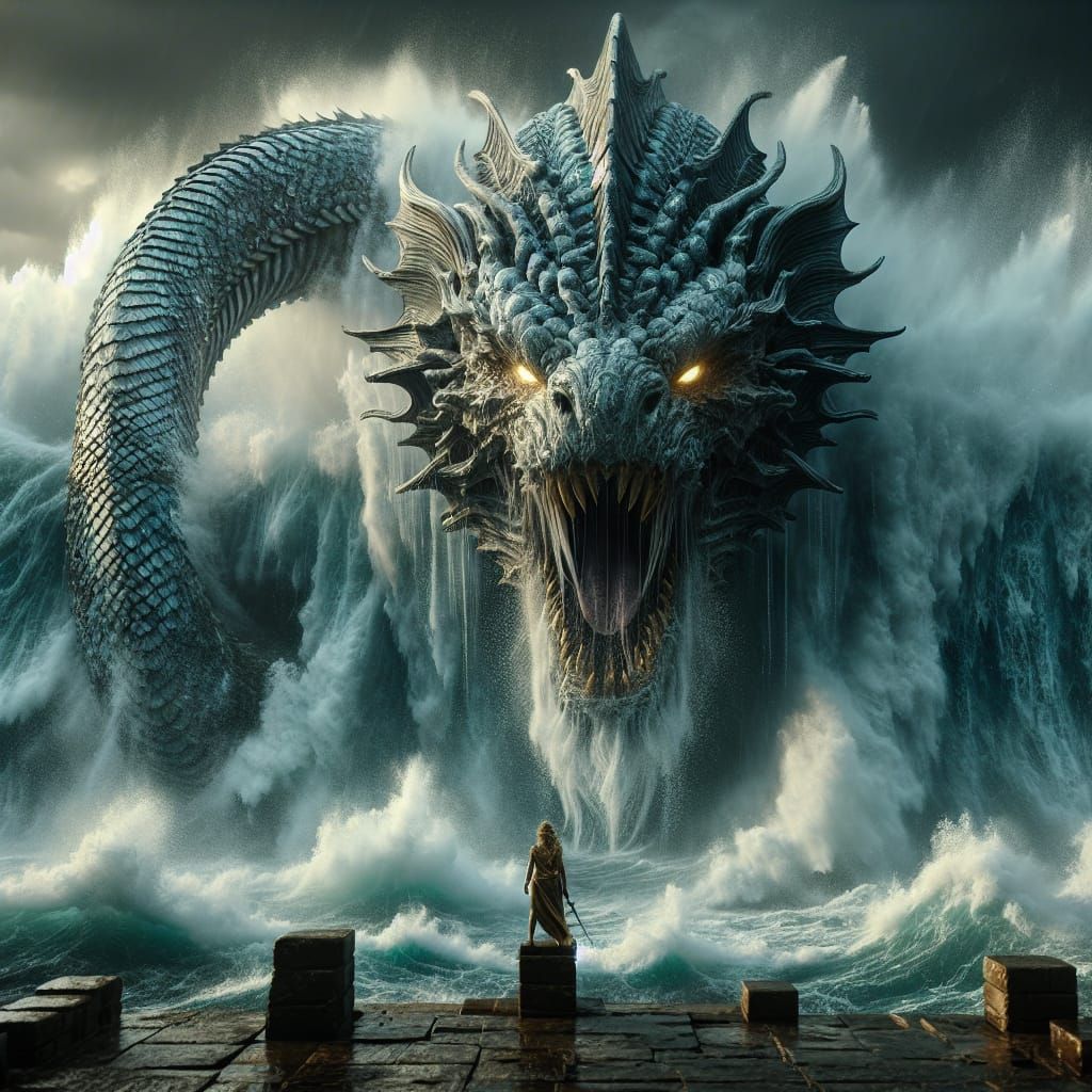 Sea Serpent Emerges From Stormy Ocean, Goddess Shackled