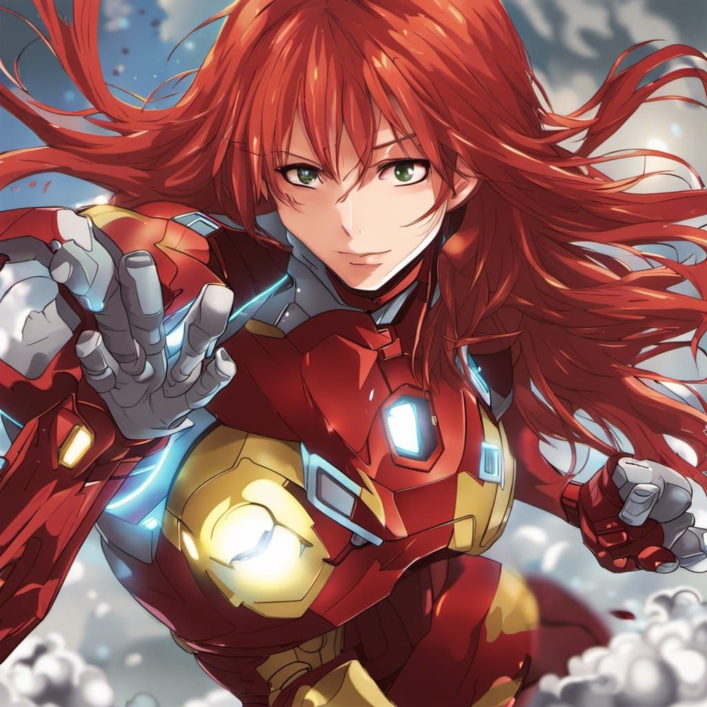 Red-Haired Girl with Iron Man in Anime Style