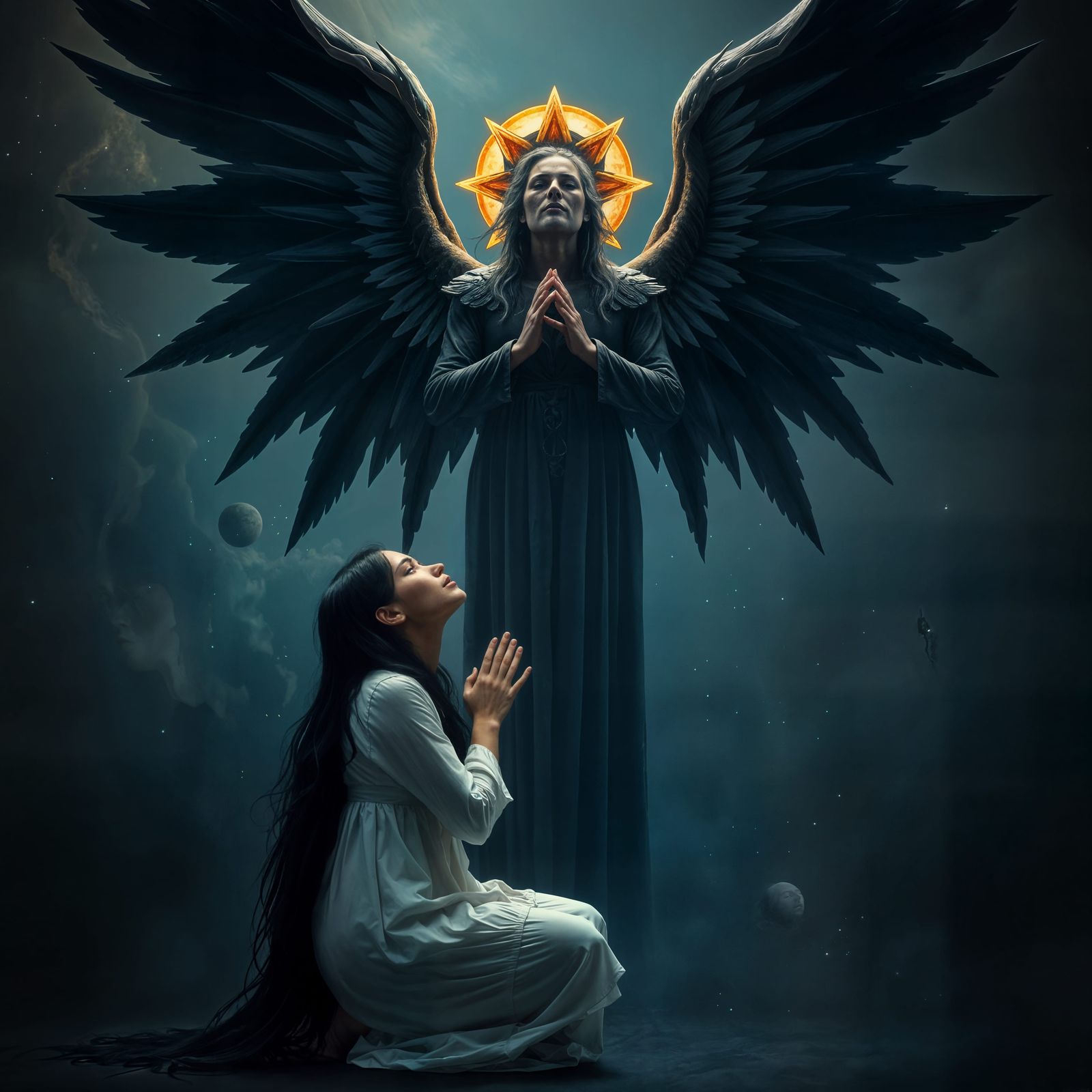 Gothic Photograph: Woman Praying Before Lucifer