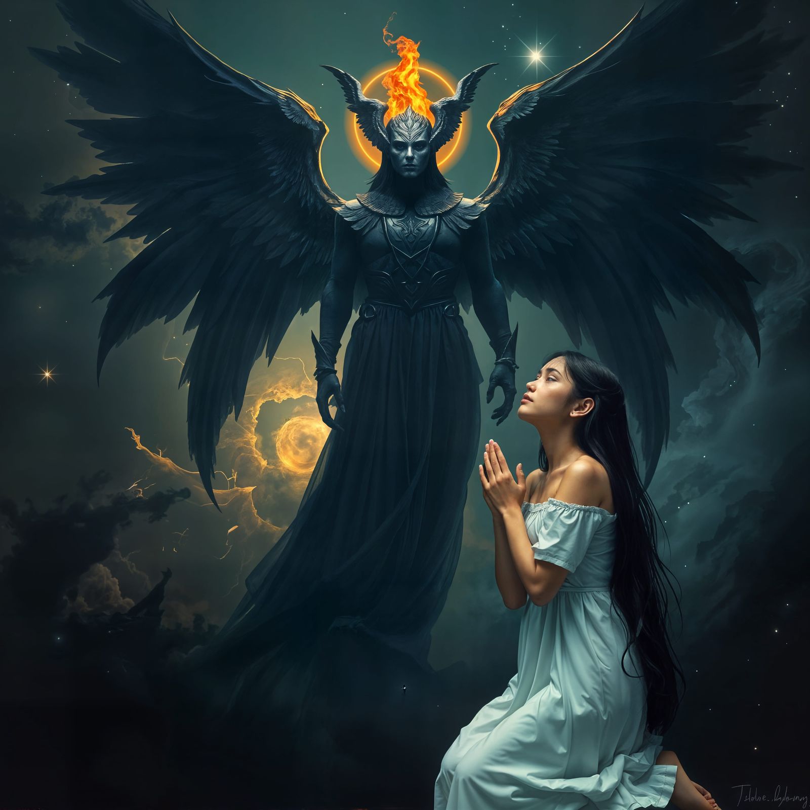 Gothic Photograph of Woman Praying to Ethereal Figure