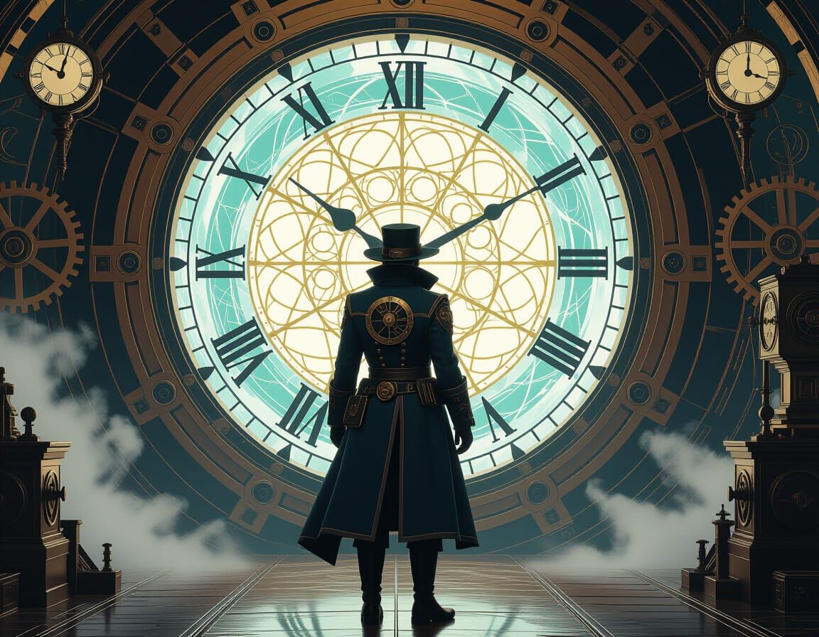 Steampunk Time Traveler at Clock Portal, in Syd Mead Style
