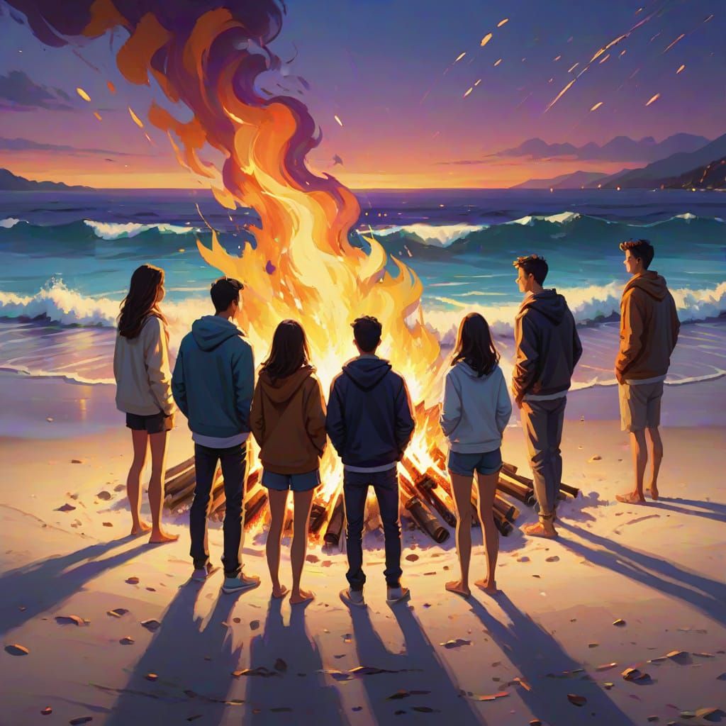 Friends Gather Around Bonfire on Beach at Night