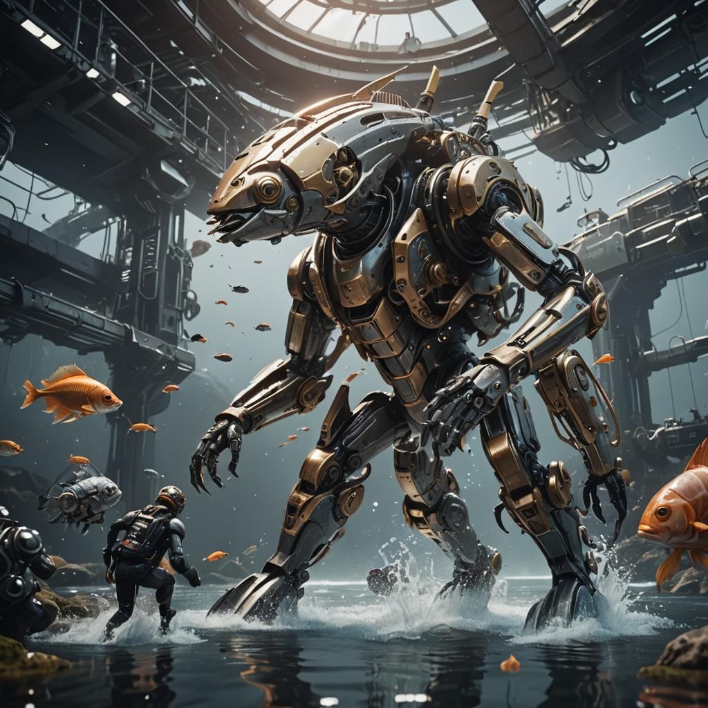 Mechanical Fish Attack Diver in Sci-Fi Scene