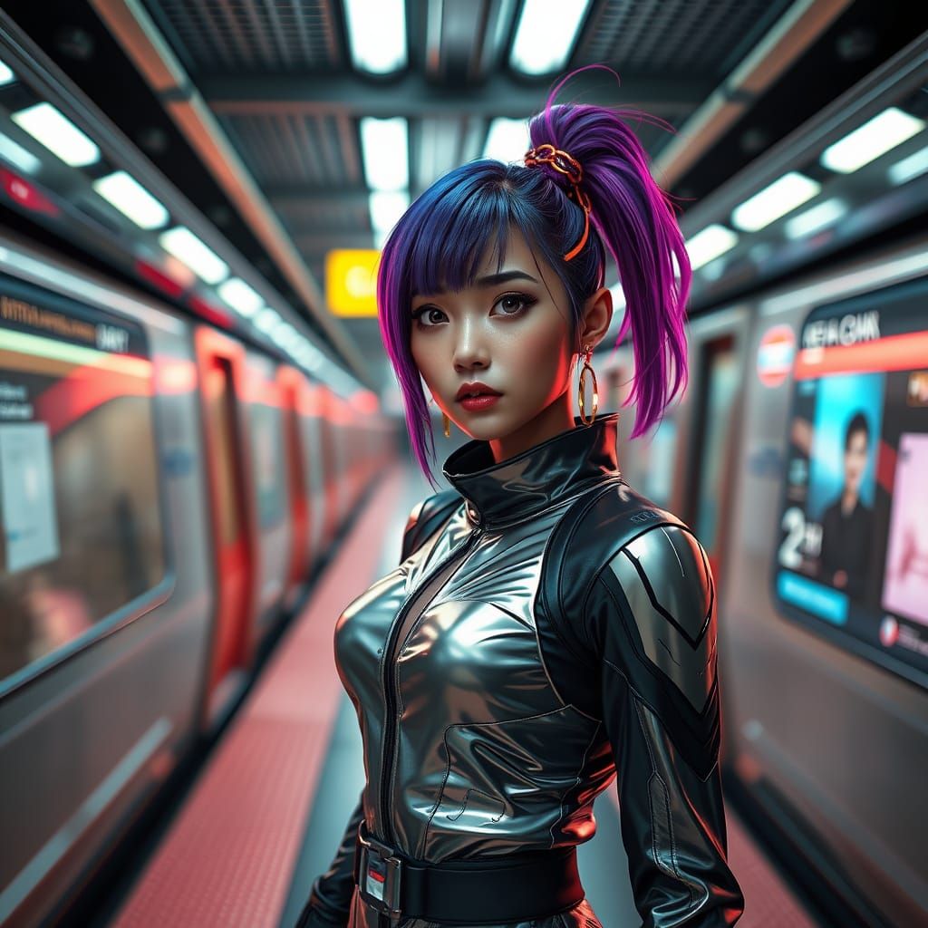 Confident Asian Girl in Futuristic Subway Attire
