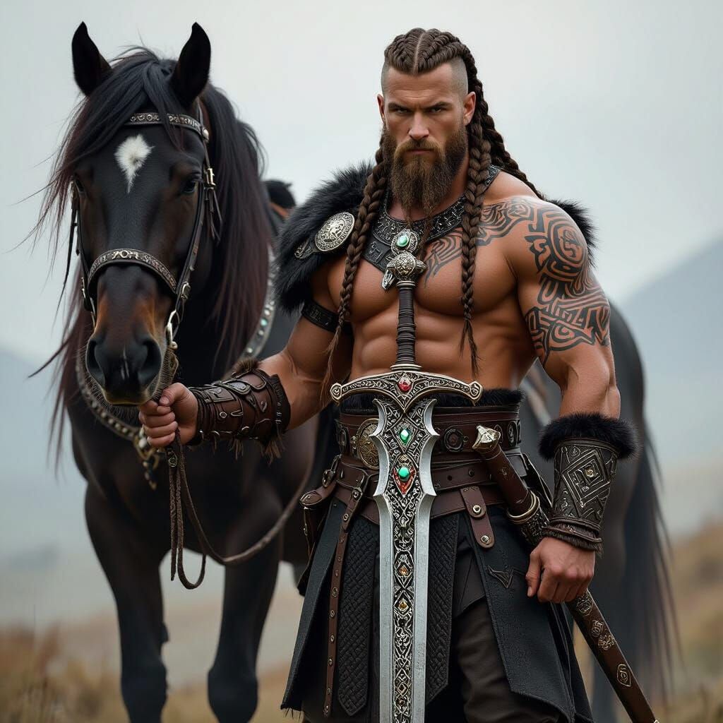 Viking Warrior with Bejeweled Sword and Braided Horse