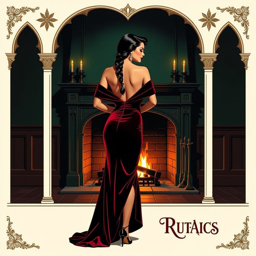 Pin-Up Woman Illuminated by Fireplace in Castle