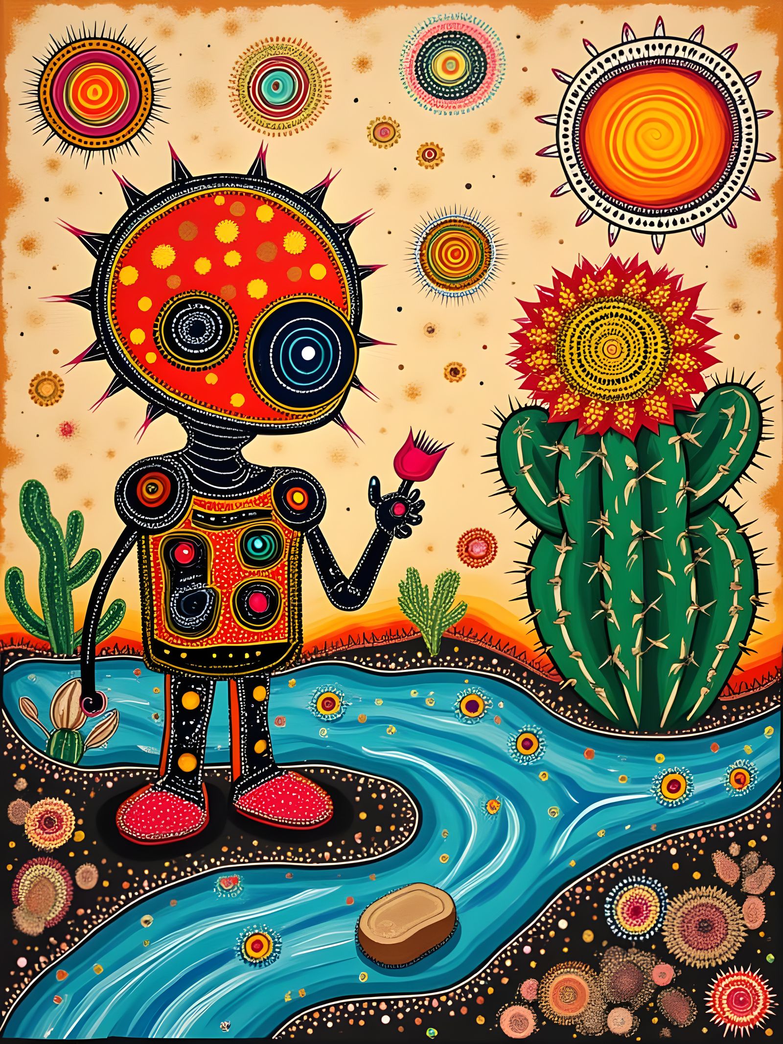 Cute Robot Studies Cactus Flower in Naive Art Style
