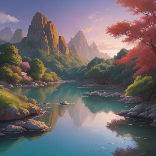 Fishing Boat and Rock in Lagoon: Watercolor Anime