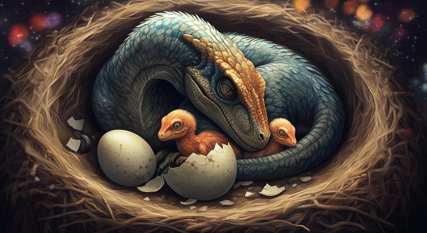 Mother and Baby Velociraptors in Graphic Novel Style