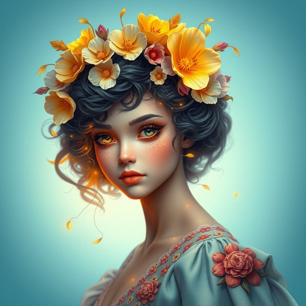 Fantasy Flower Girl Portrait in Art Nouveau Style