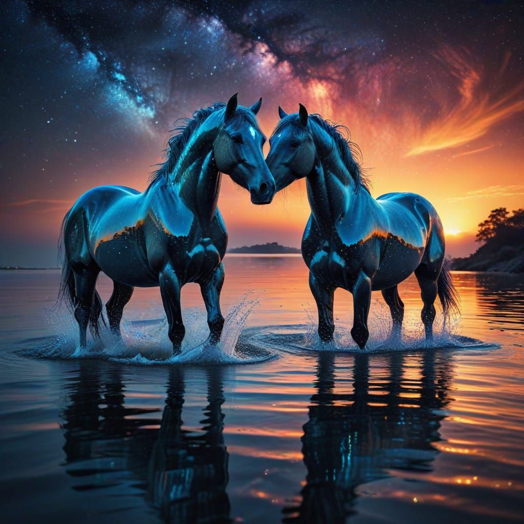 Two Horses Emerge from Vibrant Sunset Seawater