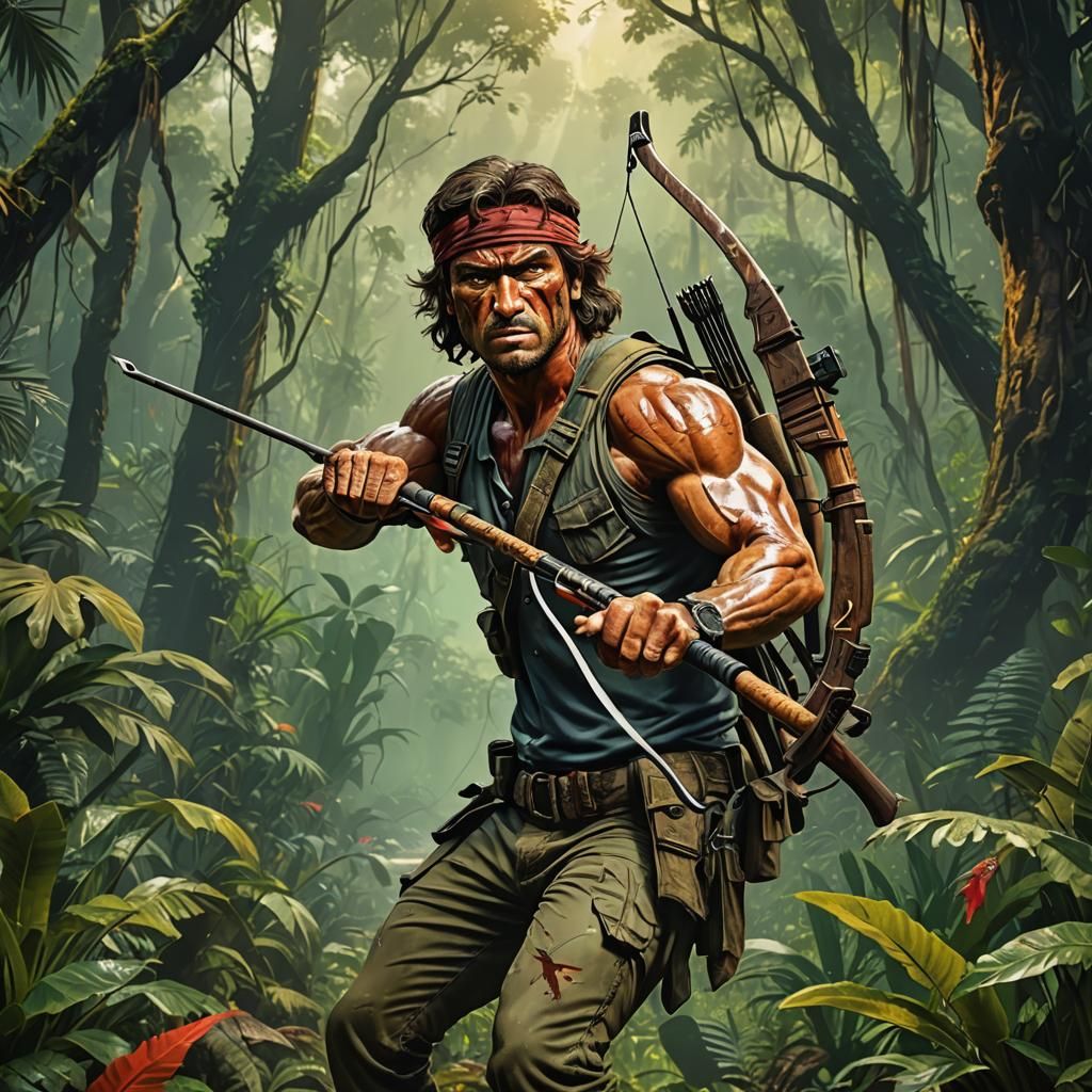 Hyperrealistic Rambo Hunting with Bow in Jungle