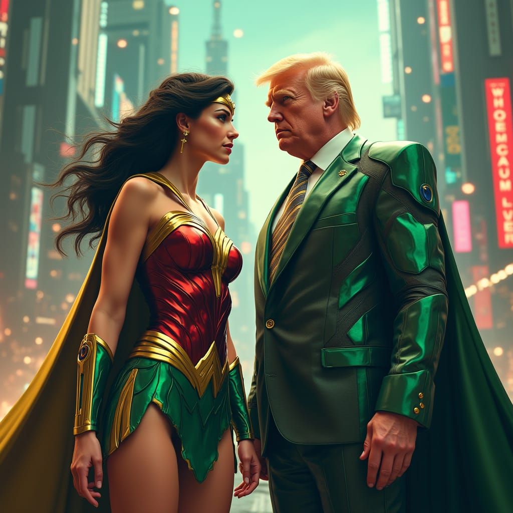 Wonder Woman vs Lex Luthor in a Futuristic Cityscape