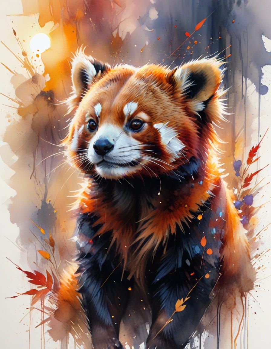 Red Panda in Sunset, Watercolor Painting