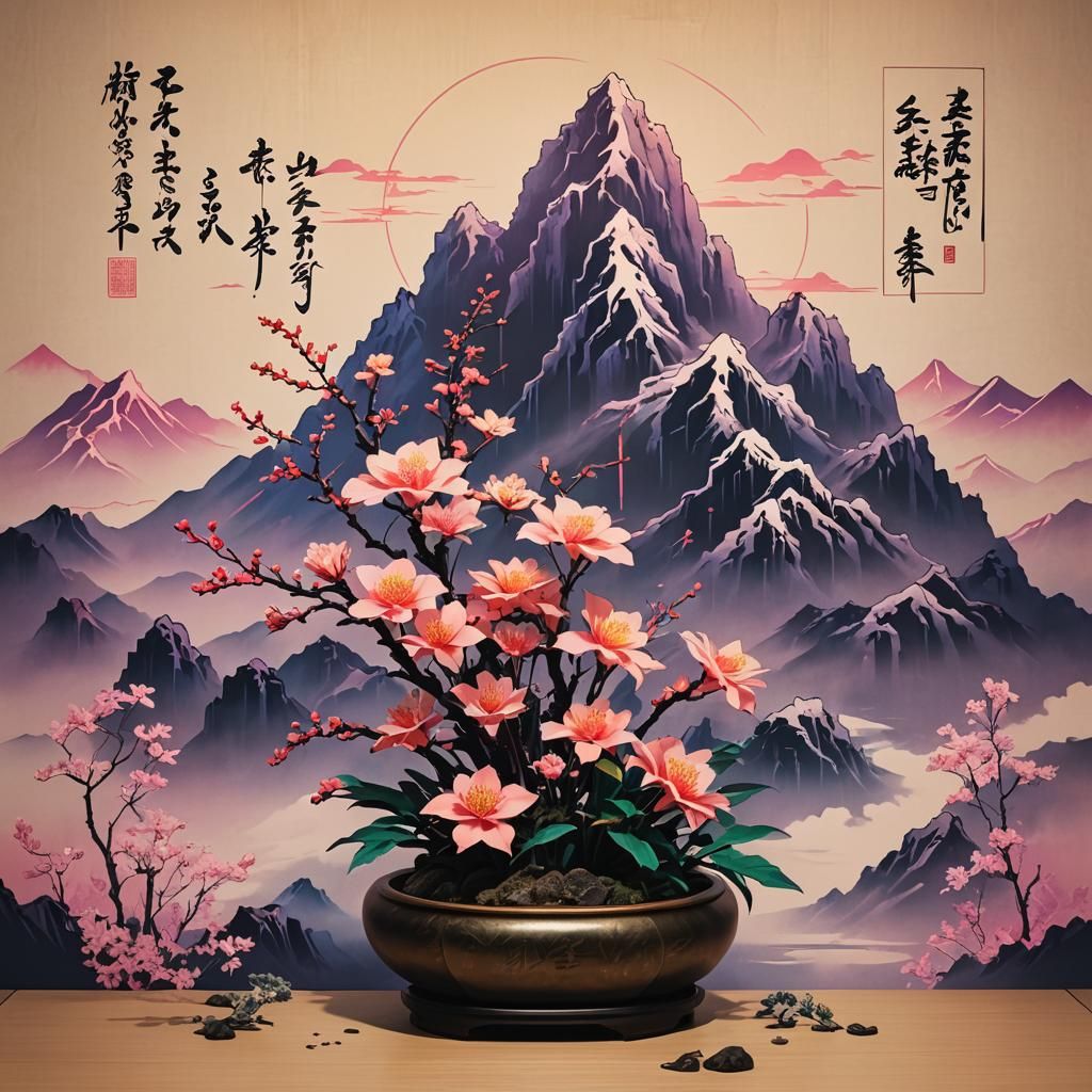Winter Ikebana Arrangement with Calligraphy Mountains