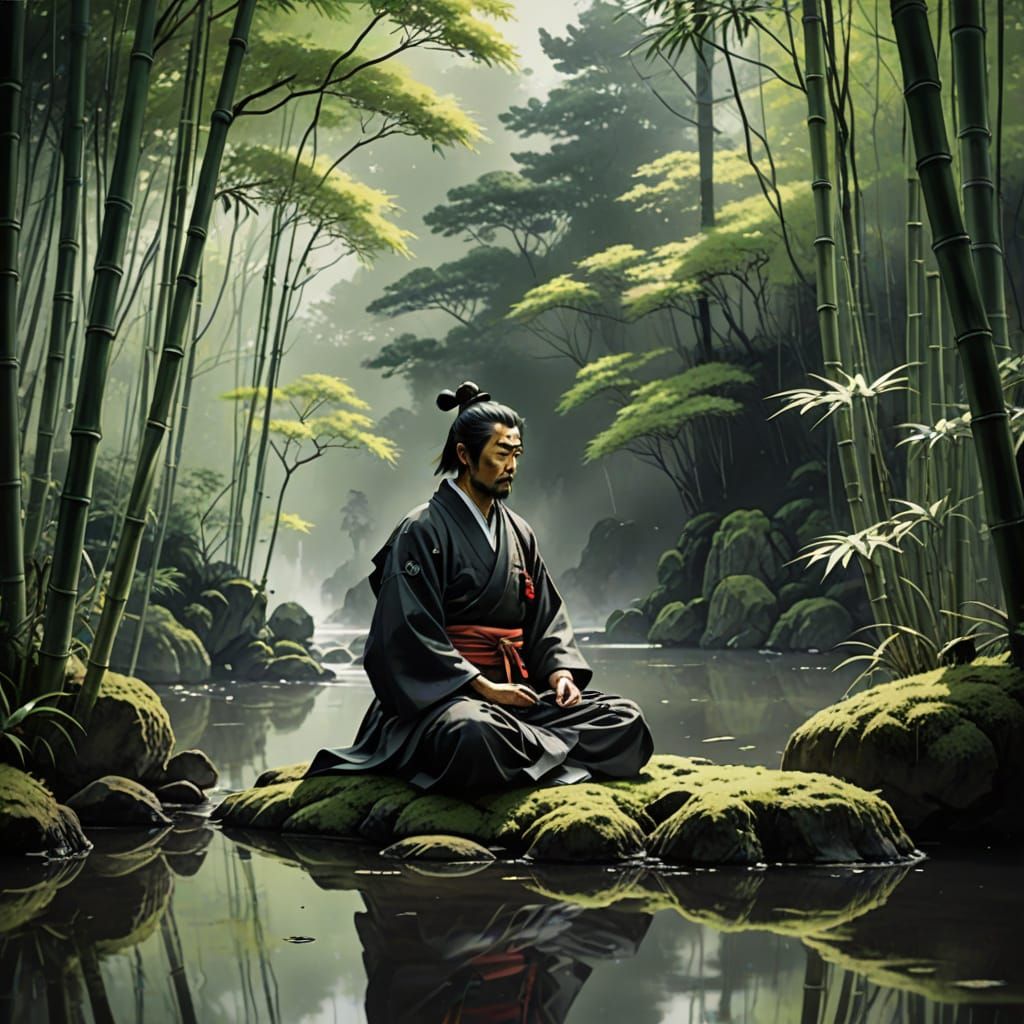 Samurai Meditates in Sumi-e Ink Wash Painting