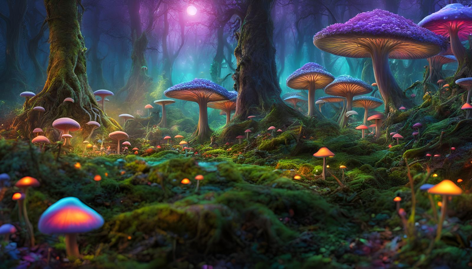 Psychedelic Elven Forest at Dawn in High Fantasy Style