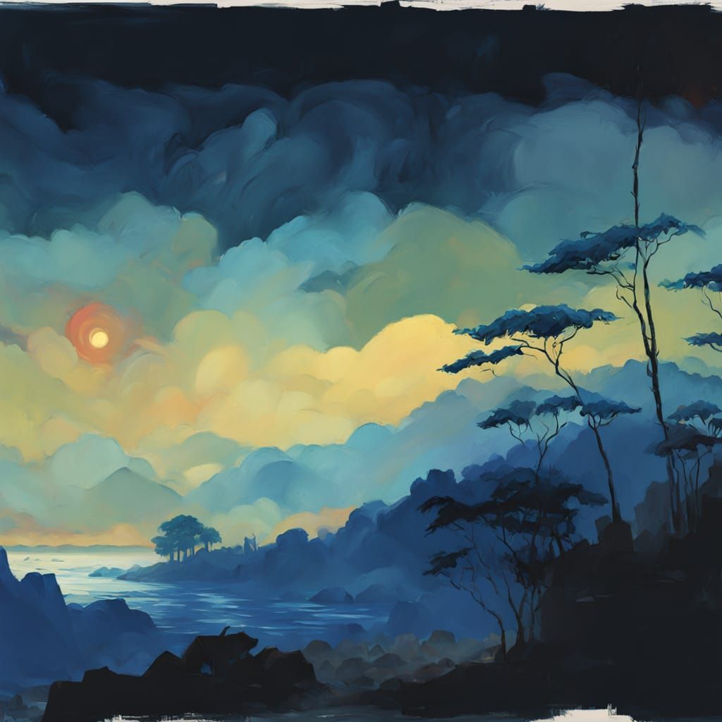 Japanese Village Under Blue Night Sky: Neo-Impressionist Mas...