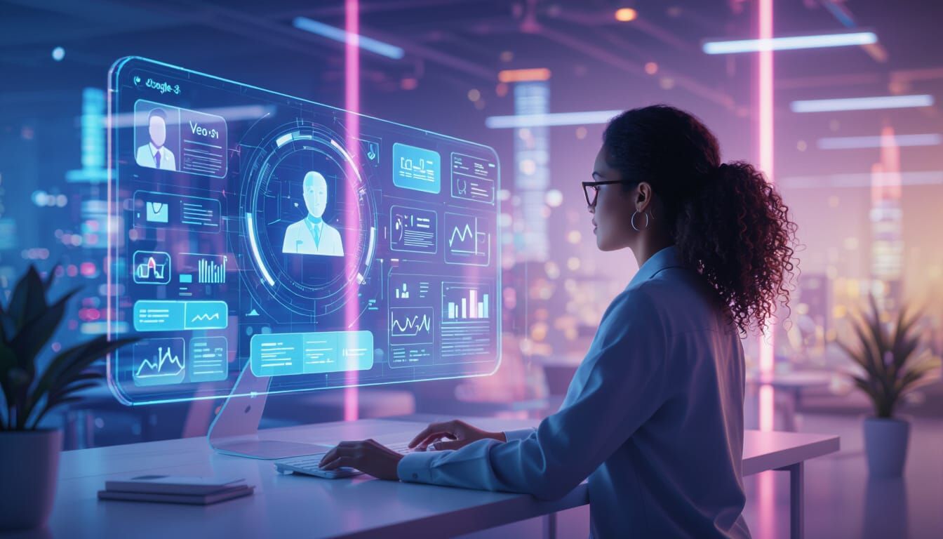 Futuristic Workspace with AI Assistants and Holographic Disp...