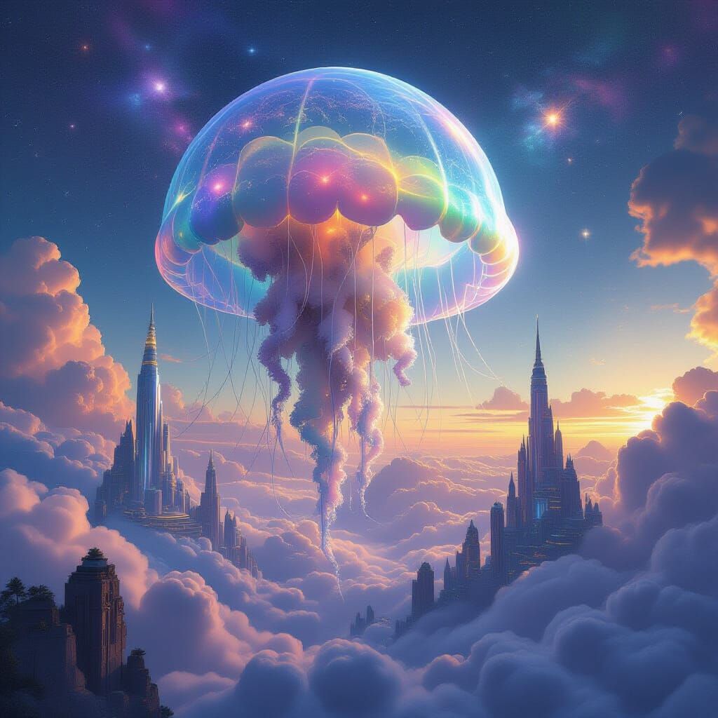 Giant Jellyfish Over Alien City in Nebula Sky