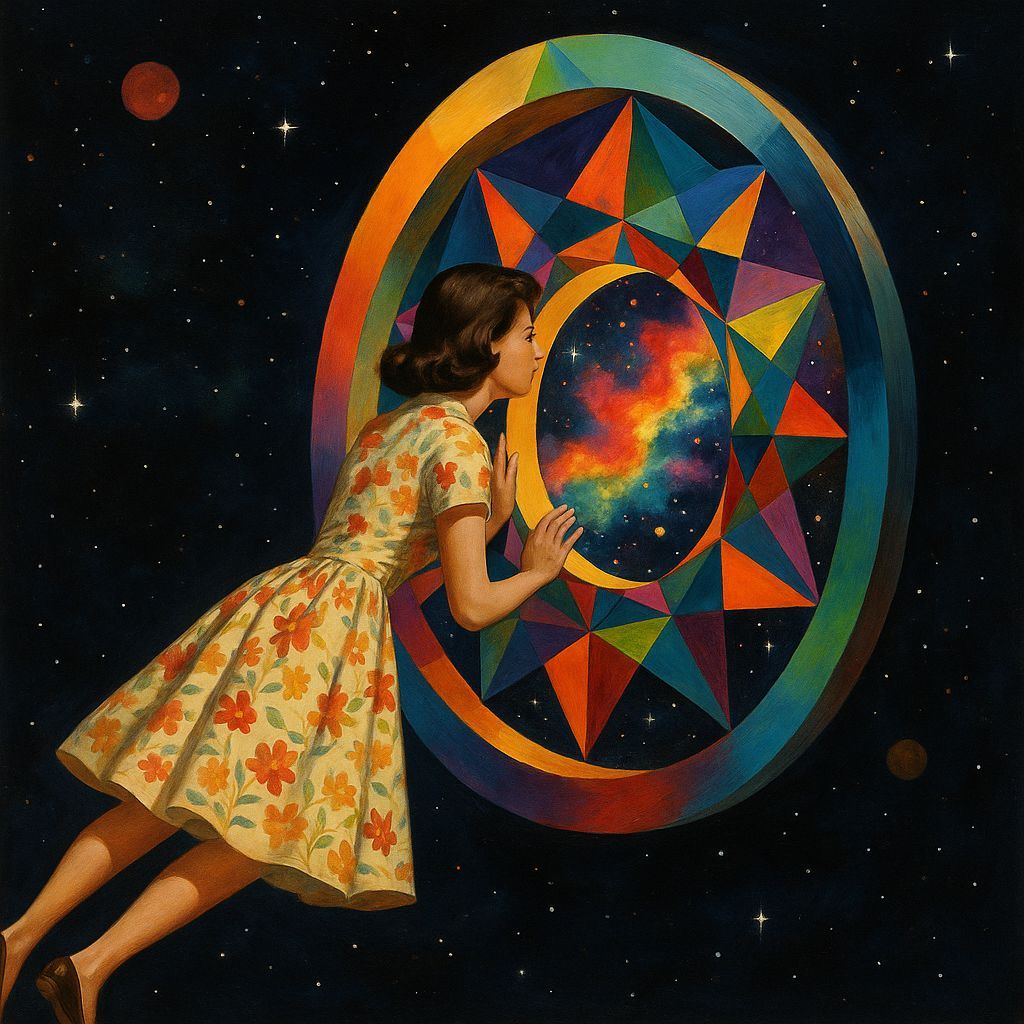 Woman Gazing Through Kaleidoscope Portal into Universe