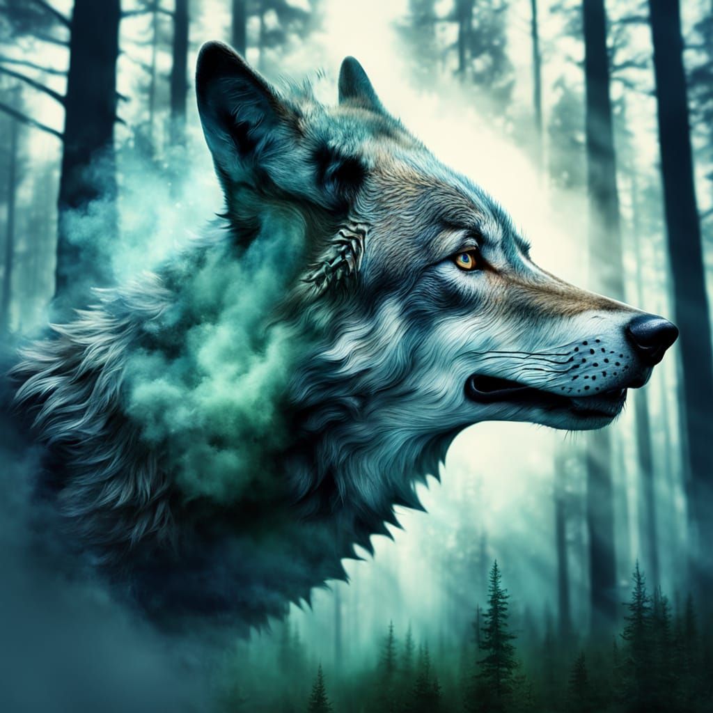 Surreal Wolf Double Exposure in Ethereal Digital Painting