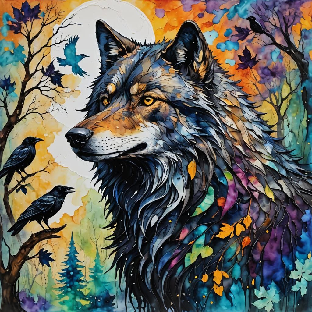 Wolf and Raven Artwork in Impasto and Alcohol Inks