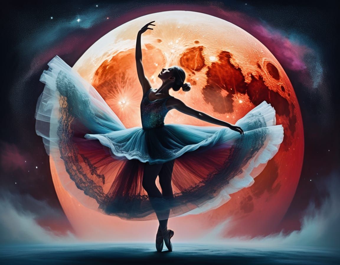 Ethereal Ballet Dancer on a Cosmic Blood Moon