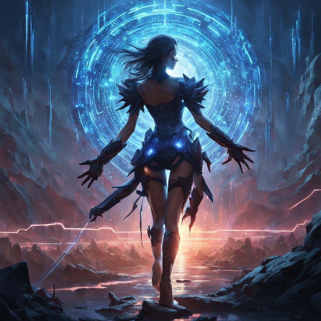 Figure Battles Shadow Self in Glitchy Digital Landscape