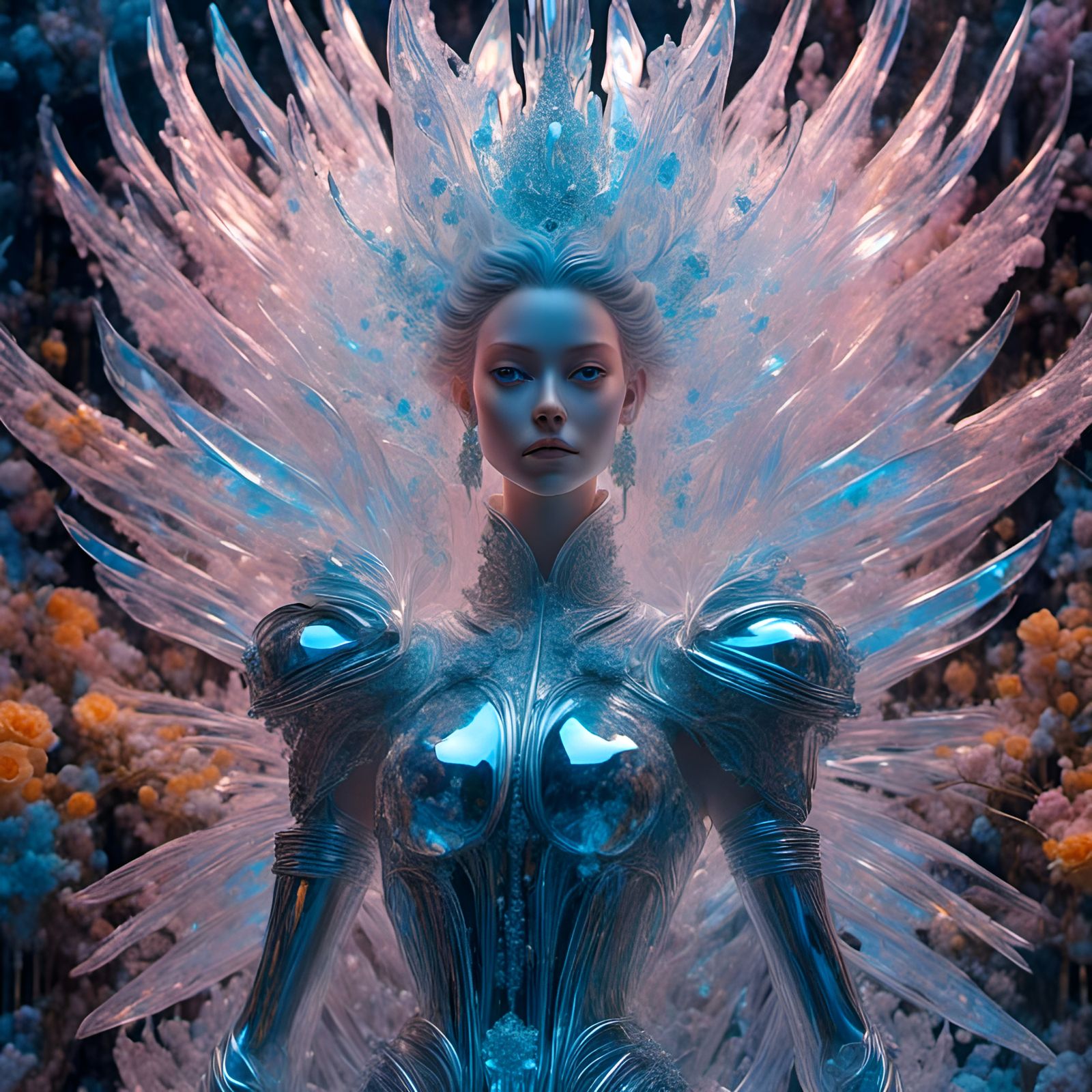 Glass Princess Warrior Statue with Bioluminescent Birds