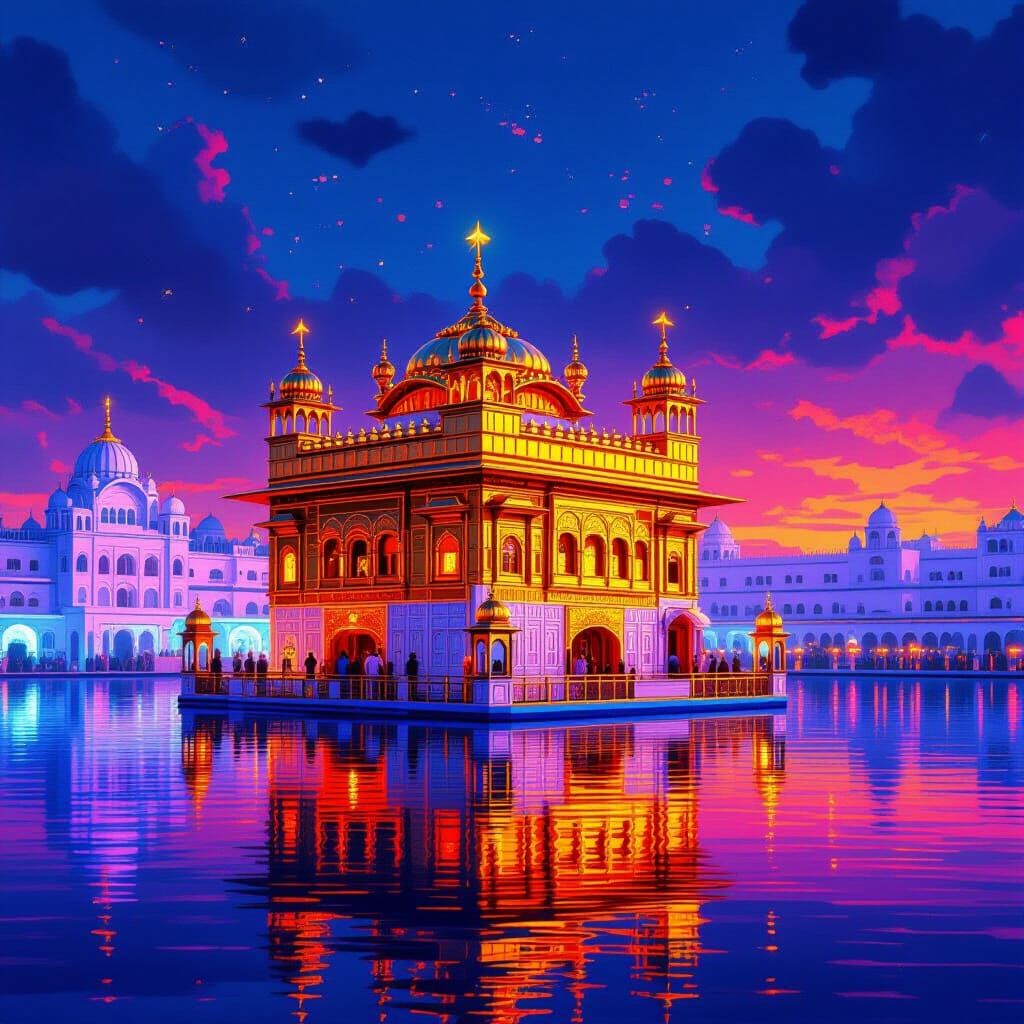 Golden Temple Amritsar in Synthwave Neon Lights