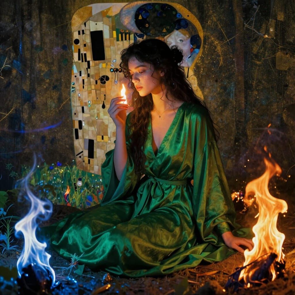 Ethereal Green Woman Embracing Elemental Forces