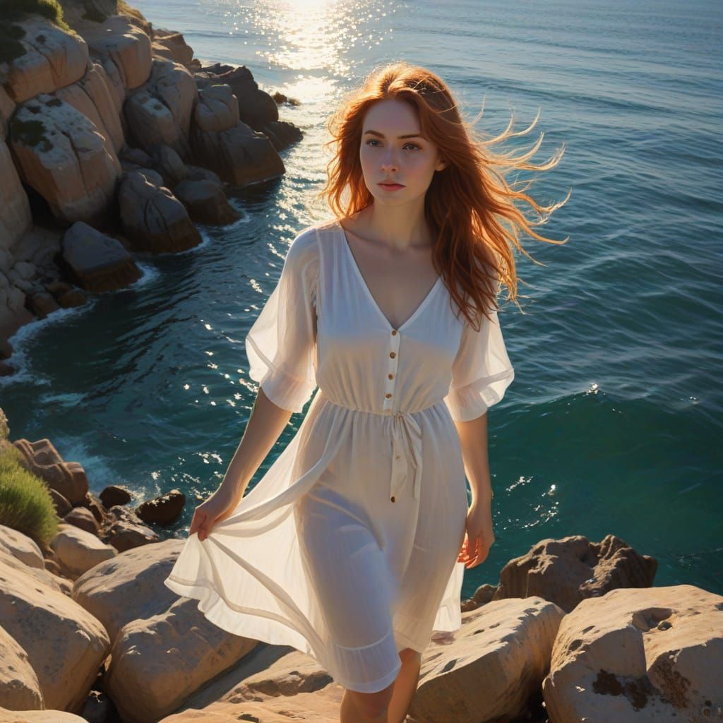 Woman on Cliff at Sunset in Photorealistic Style