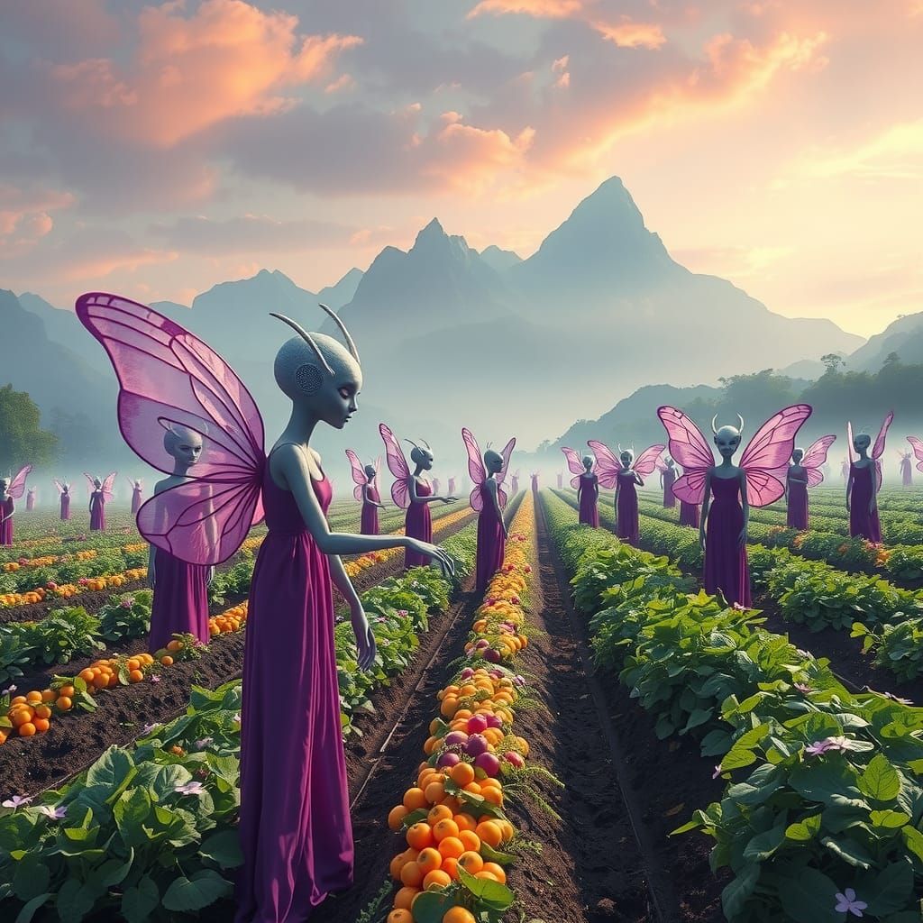 Utopian Alien Community Cultivating Gardens