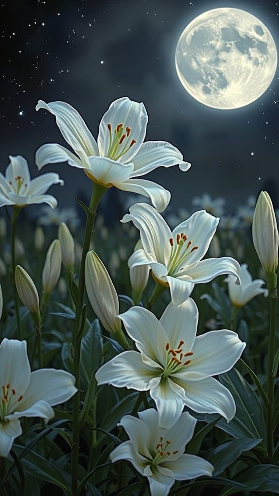 Surreal Moonlit Woman in Lily Field
