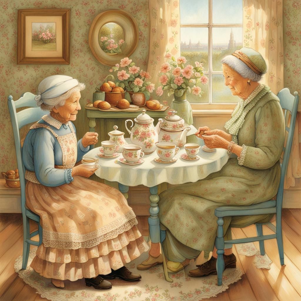Afternoon Tea with Grandmother, Vintage Illustration