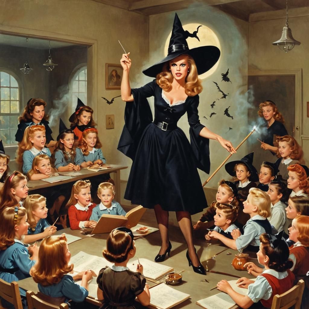 Retro Pin-Up Witch Teaching Kindergarten