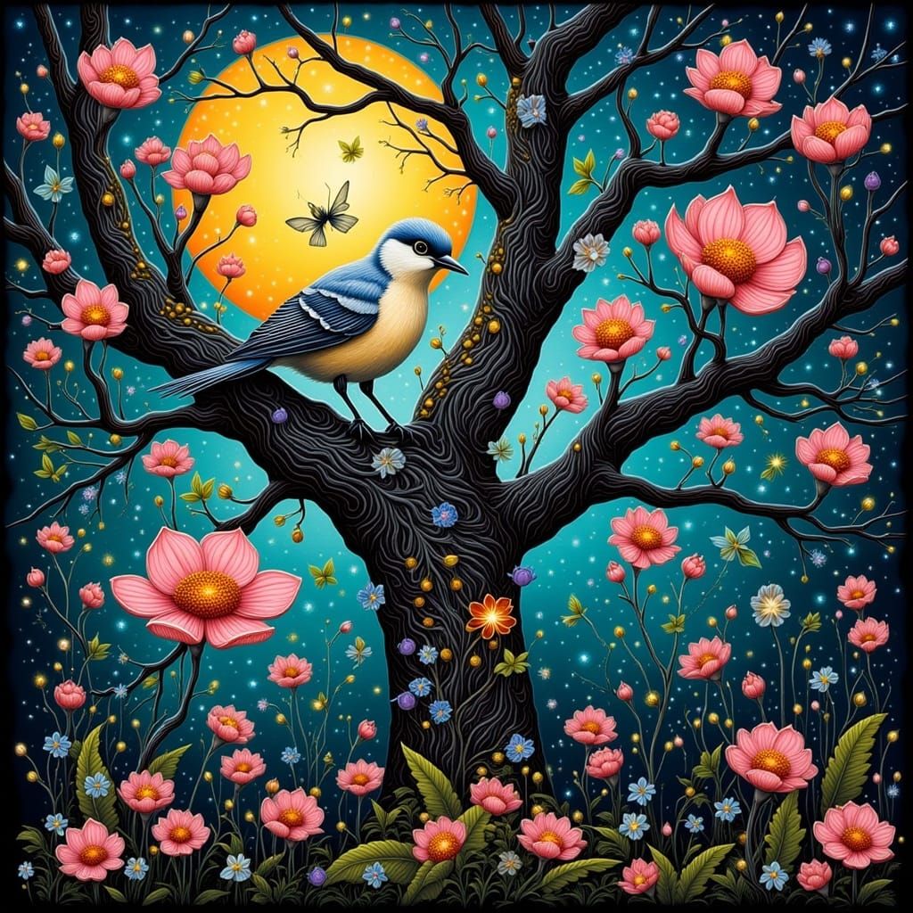 Enchanted Tree Flower Collage Illustration