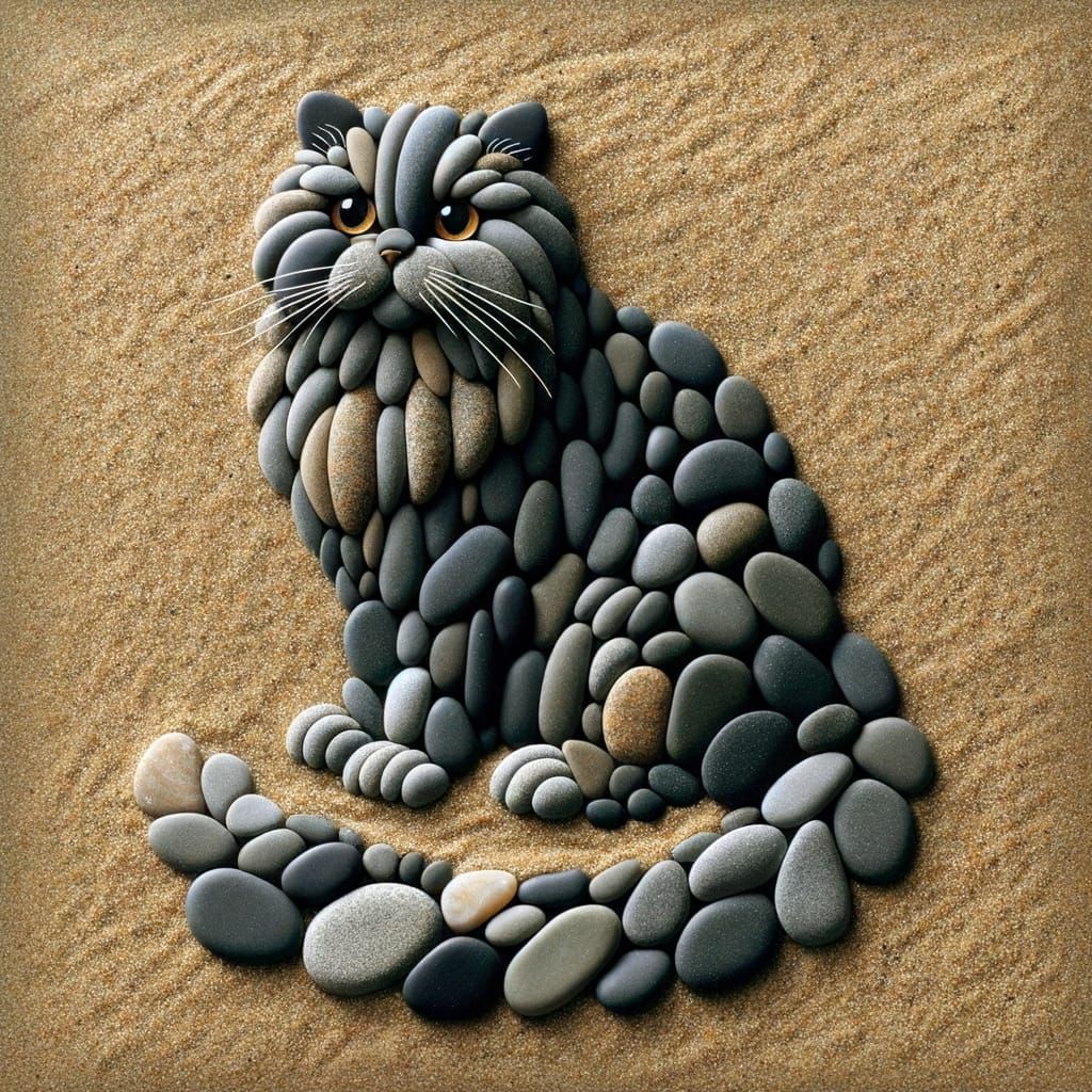 Pebble Art: Fluffy Cat Sculpture on Sand