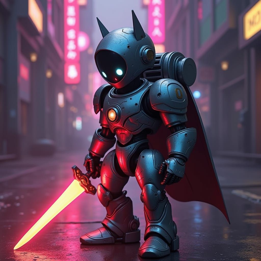 Futuristic Robot Wields Shimmering Sword in Neon-Lit Combat