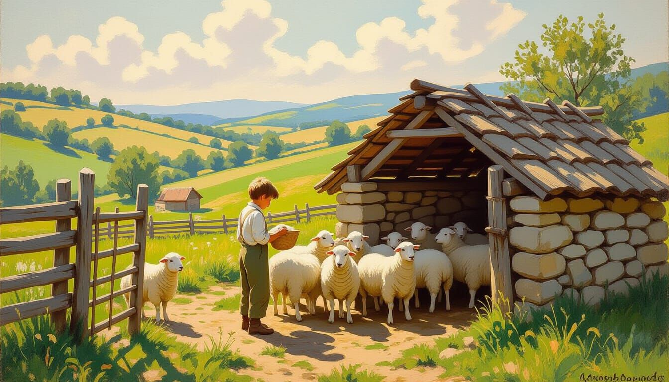 Boy Feeding Sheep in Rustic Countryside