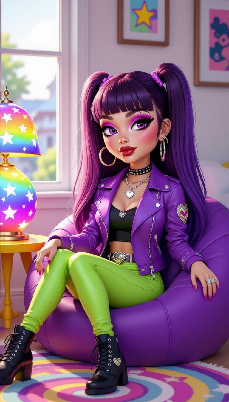 Emo Woman in Rainbow Jacket with Starry Night Background