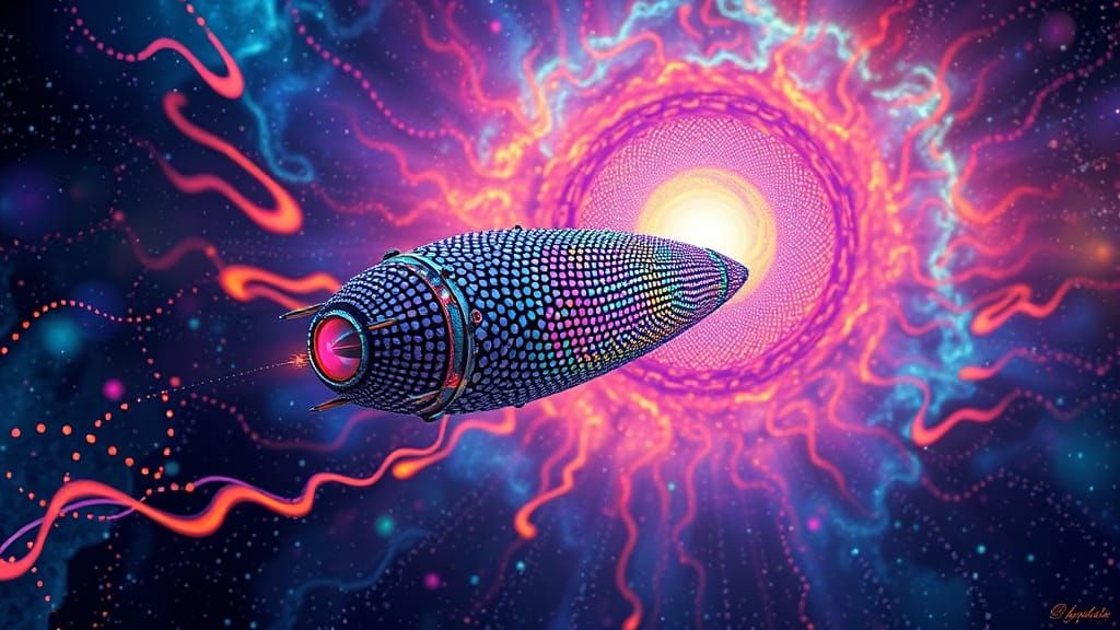 Iridescent Pebble Spaceship Soars Through Cosmic Nebula
