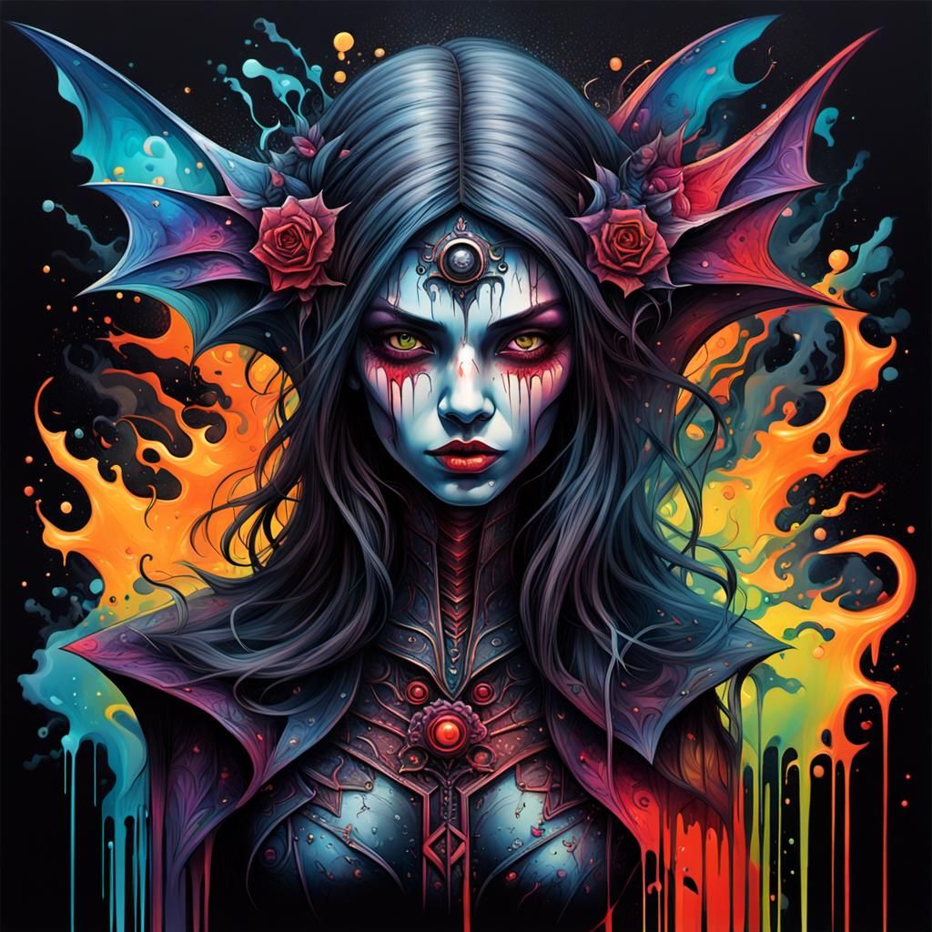 A strikingly vivid woman emerges from the dark, an enigma wrapped in an electric fantasy, a gothic embodiment of evil, a...