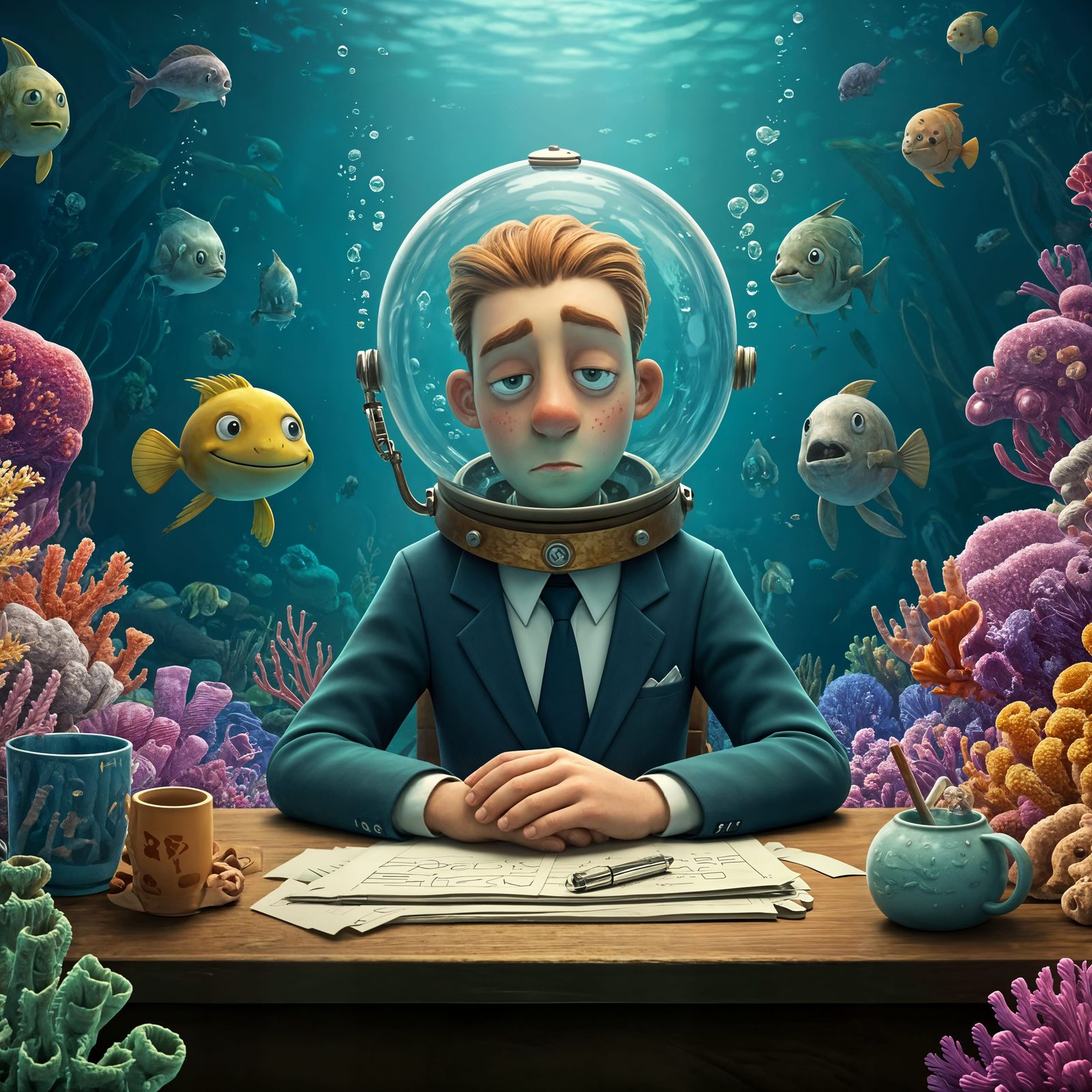 Cartoon Accountant Working Under the Sea