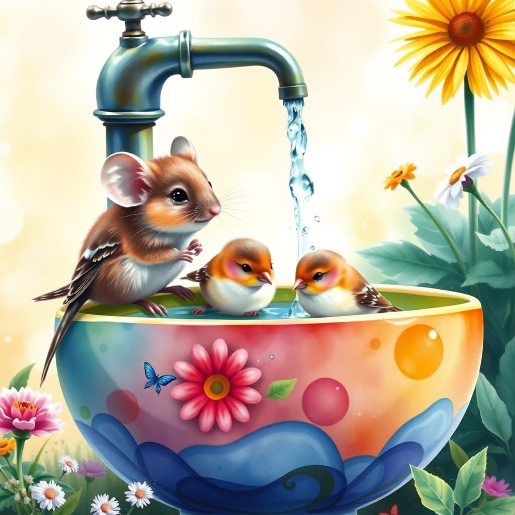 Vibrant Garden Oasis with Splashing Birds and Water