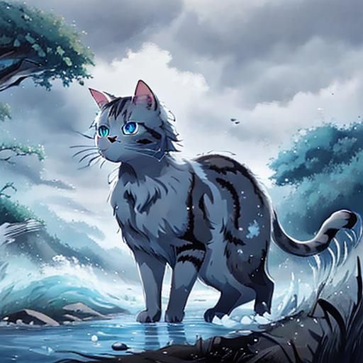 Tabby Cat Swimming in River: Realistic Digital Painting