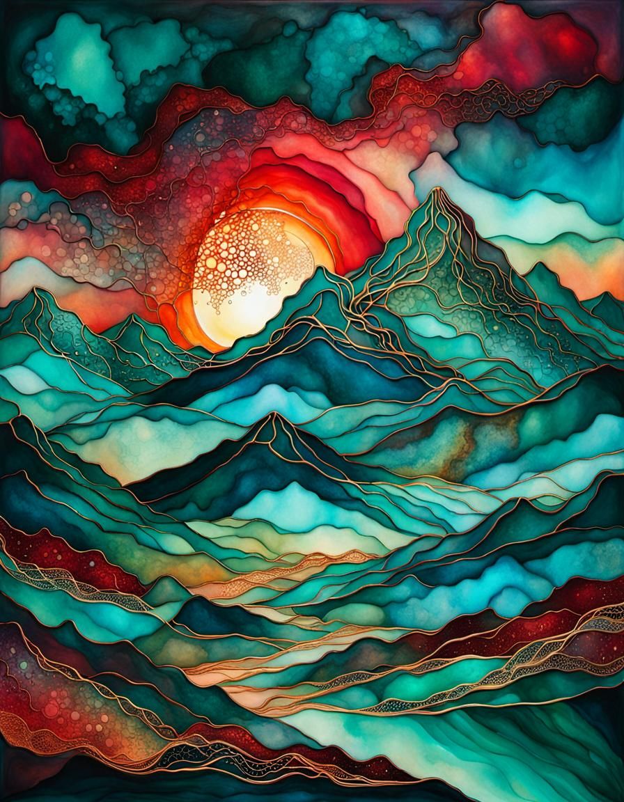 Magical Sunset on Mountain in Alcohol Ink Style