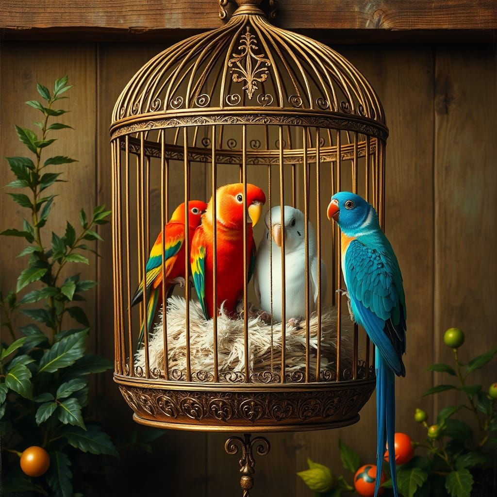 Vintage Bird Cage with Colorful Parakeets in Whimsical Scene
